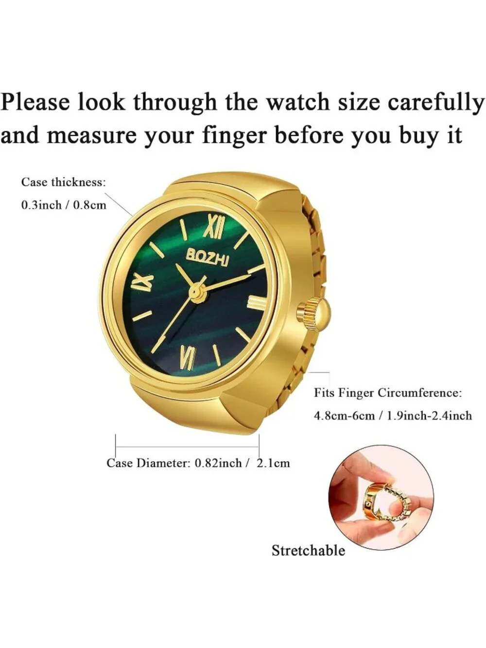 Womens Green And Gold Quartz Stretchy Band Elastic Simple Dial Finger Ring Watch